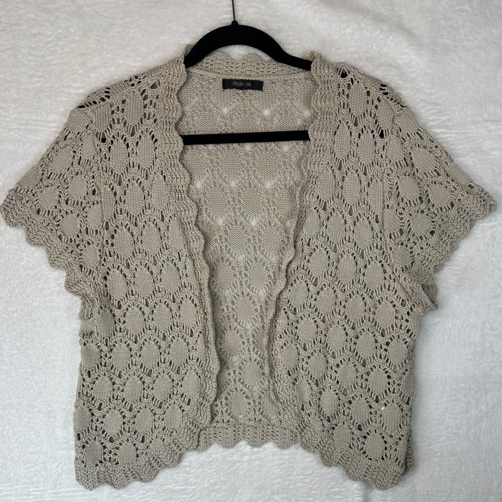 Style & Co Crochet Cardigan Womens L Beige Short Sleeve Open Knit Shrug